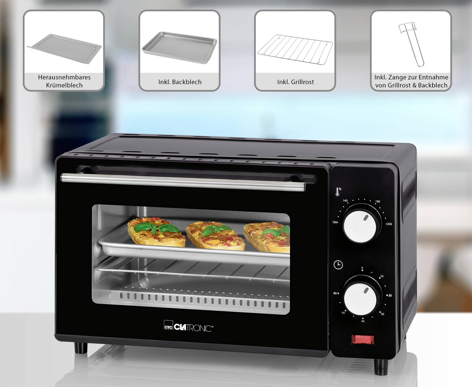 Un mini forno nero con due manopole, cuoce piccole pizze su una griglia. I simboli mostrano gli accessori: teglia per briciole, teglia da forno, griglia, pinza.