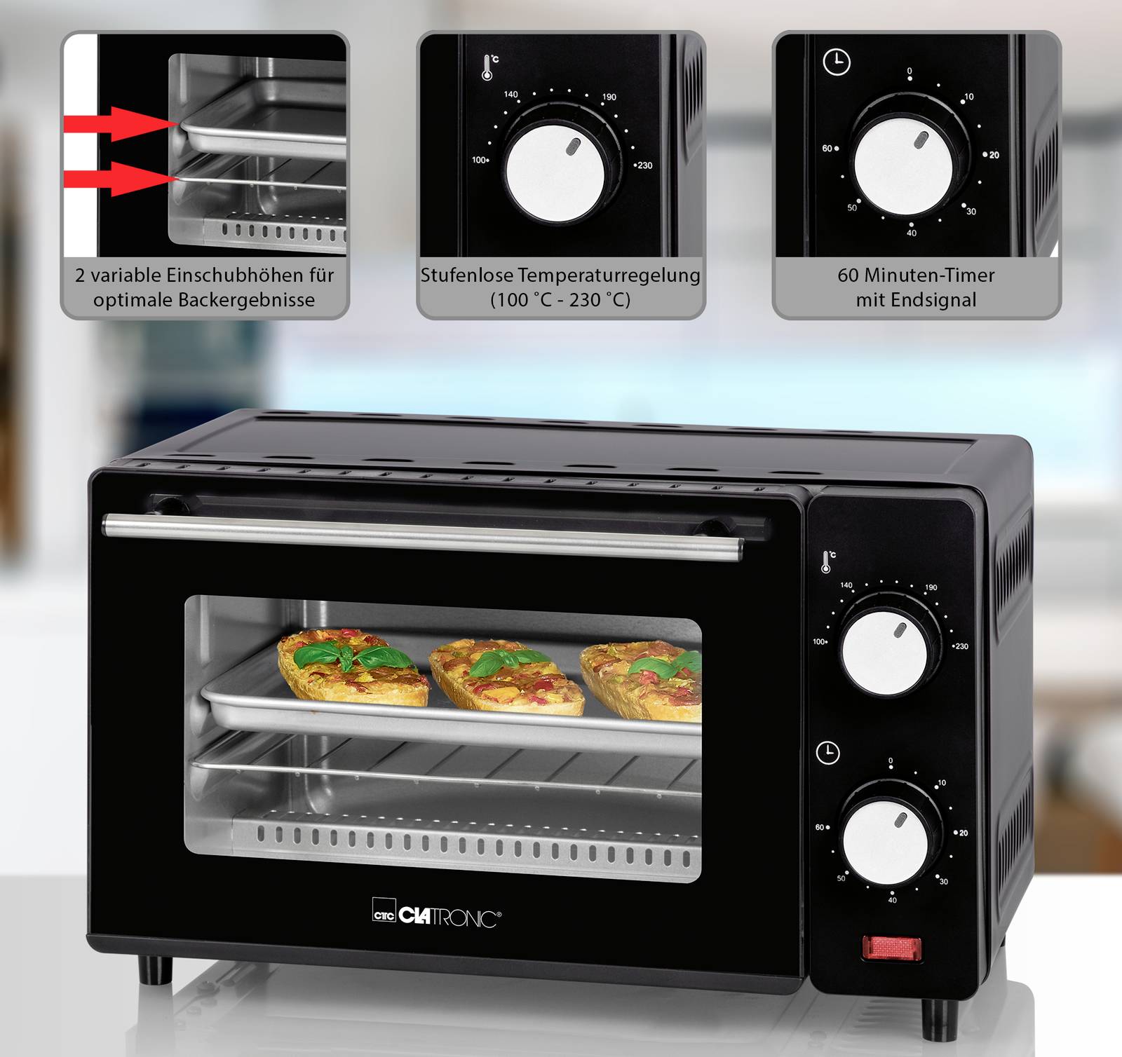 Piccolo forno con due livelli di inserimento. Impostazione della temperatura da 100°C a 230°C, timer da 60 minuti. Vengono cotte tre pizze.