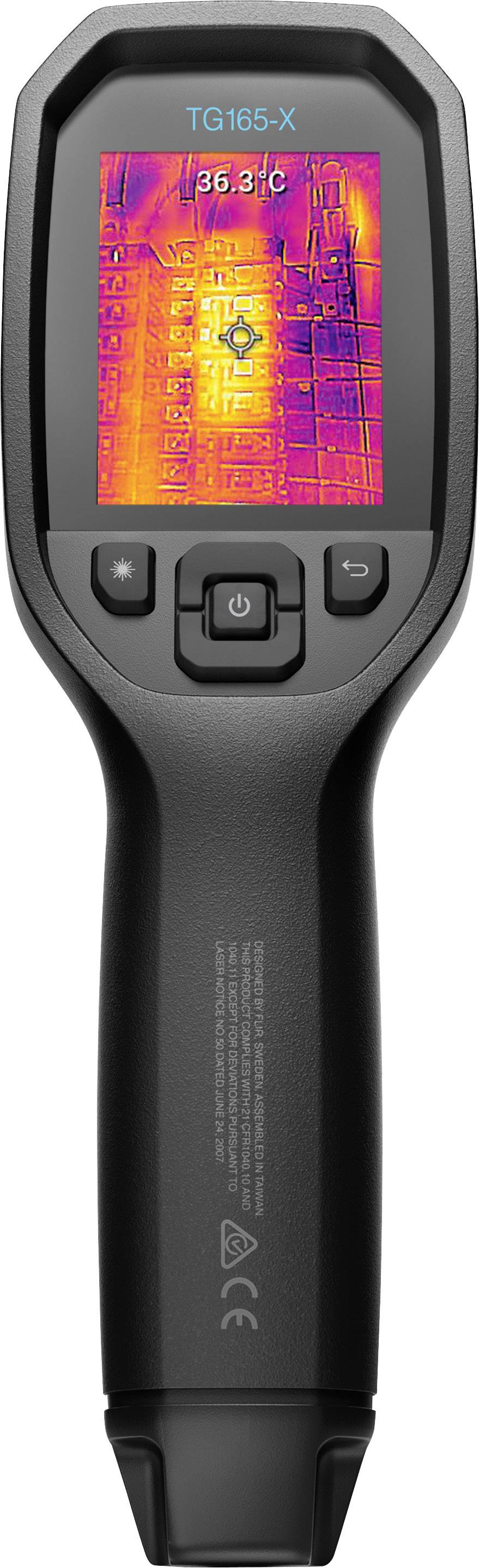 Termocamera mostra l'immagine termica con indicazione di temperatura di 36,5°C sullo schermo. Dispositivo per diagnosi di temperatura.