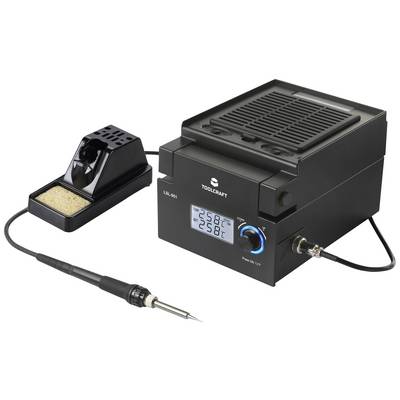 Stazione per saldatore con display digitale che mostra 258°C. Include supporto per saldatore con spugna e regolatore di temperatura.