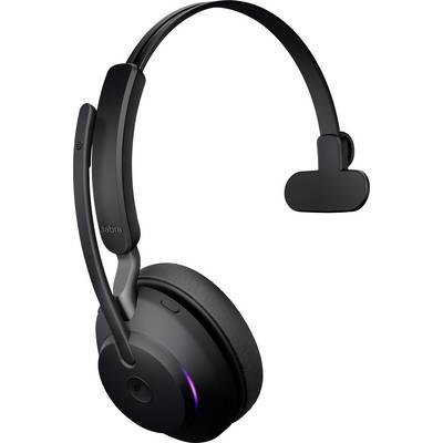 Cuffie wireless nere con padiglione auricolare singolo e braccio del microfono, adatte per chiamate e musica, raffigurate su sfondo bianco.