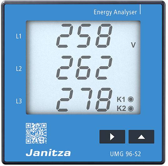 Display digitale di un analizzatore di energia con valori di misura per L1: 258V, L2: 262V, L3: 278V, cornice blu, marchio 'Janitza'.