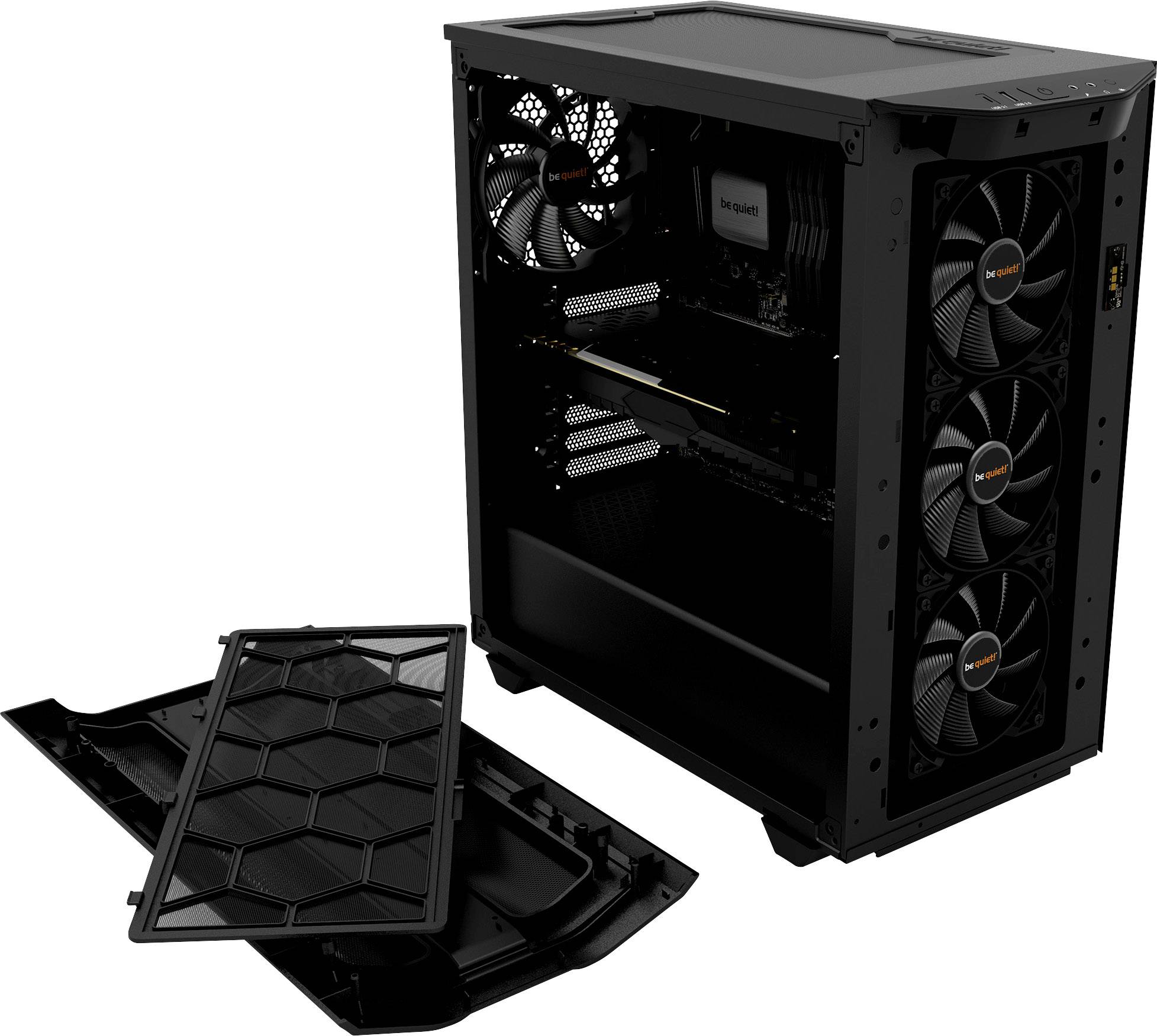 Case di computer aperto con ventole e componenti hardware visibili, tra cui un dissipatore della CPU e una scheda grafica. Coperchio rimosso.
