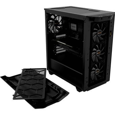 Case di computer aperto con ventole e componenti hardware visibili, tra cui un dissipatore della CPU e una scheda grafica. Coperchio rimosso.