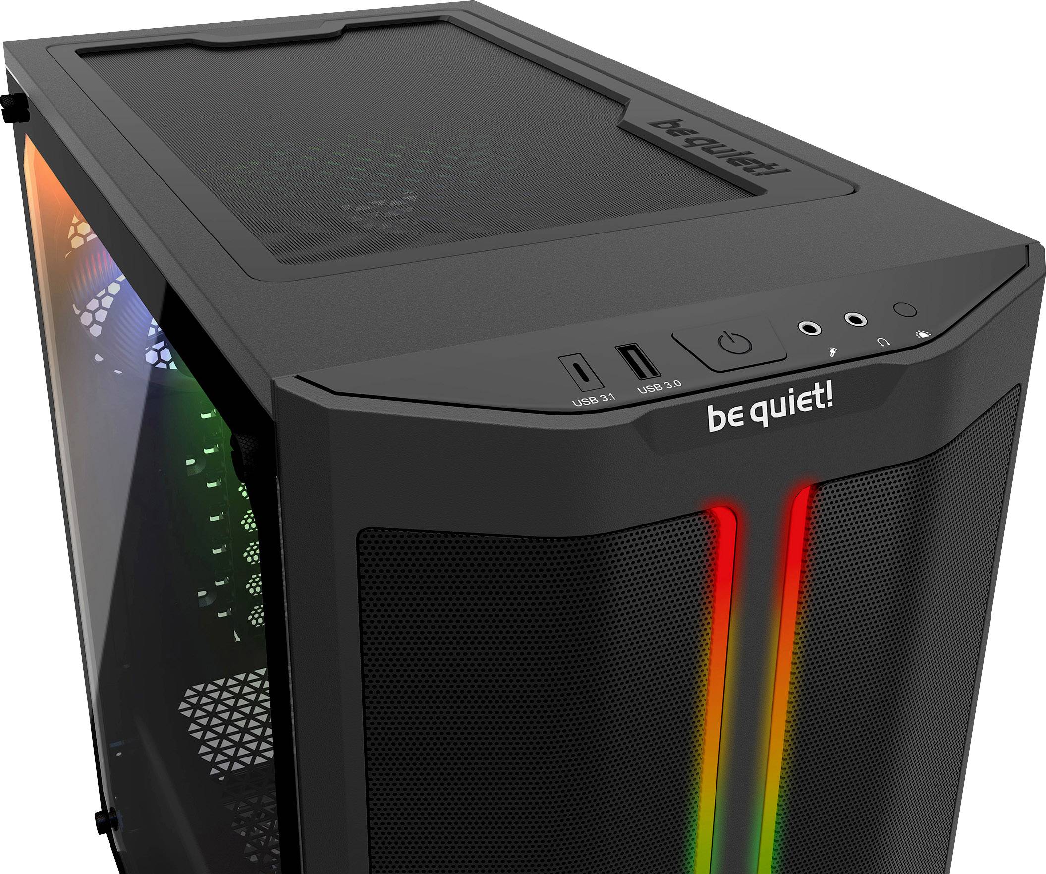 Case nero per computer con illuminazione RGB sul frontale e due porte USB in alto.