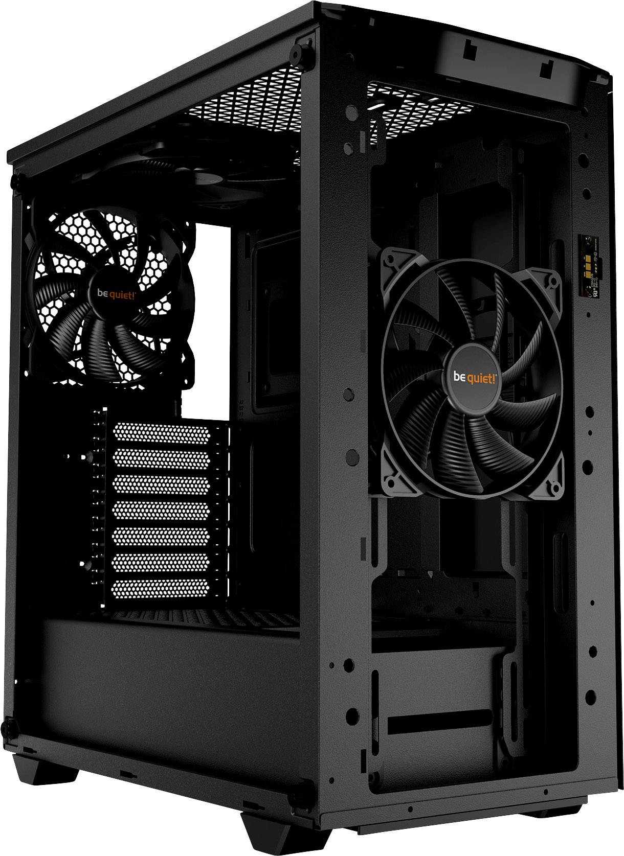 Un case per computer nero, vuoto, con una finestra laterale e due ventole integrate. Il logo 'be quiet!' è visibile sui ventilatori.