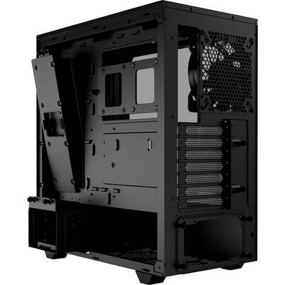 Case nero per computer privo di componenti, con ventola e diversi vani di espansione, che mostra la vista frontale e posteriore.