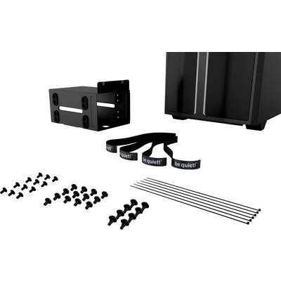 Accessori di montaggio per case per computer, composti da un cestello per unità, diverse viti, fascette stringicavo e fascette in velcro 'be quiet!'.