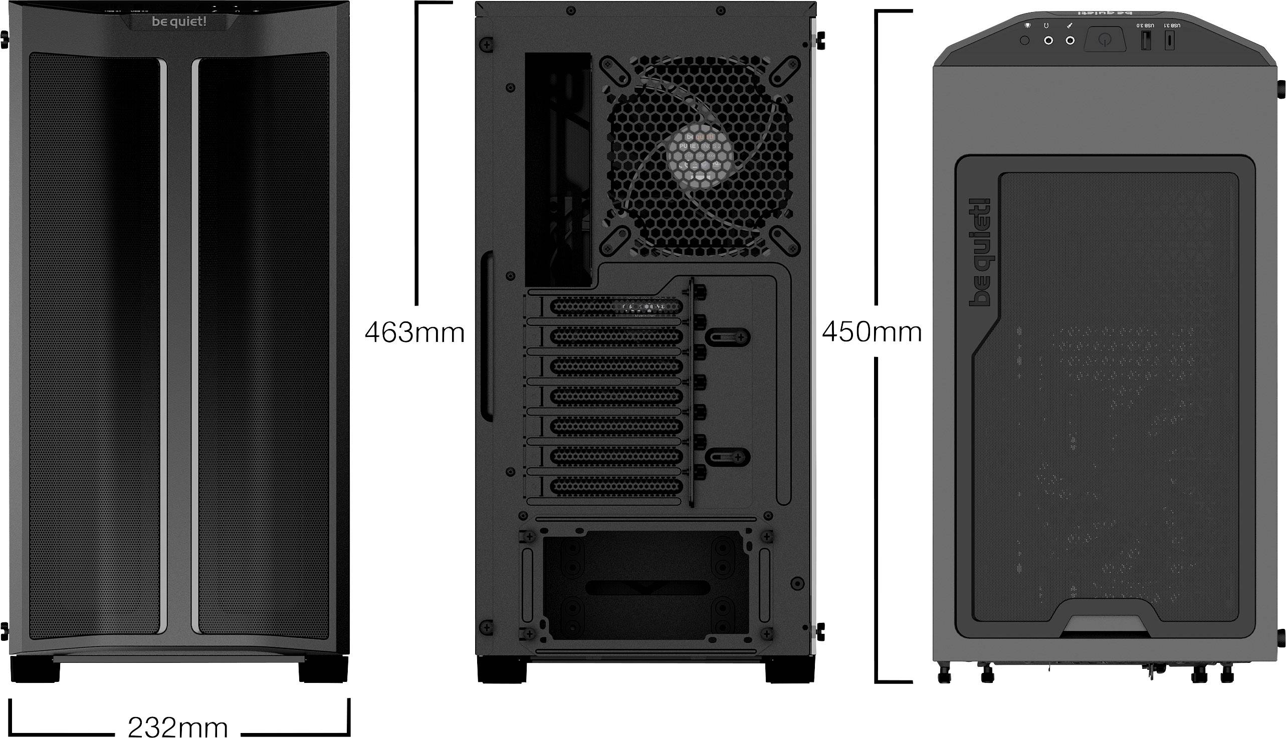 'Vista tripla di un case per computer: lato anteriore, lato posteriore e lato superiore. Dimensioni: larghezza 232 mm, profondità 450 mm, altezza 463 mm.'