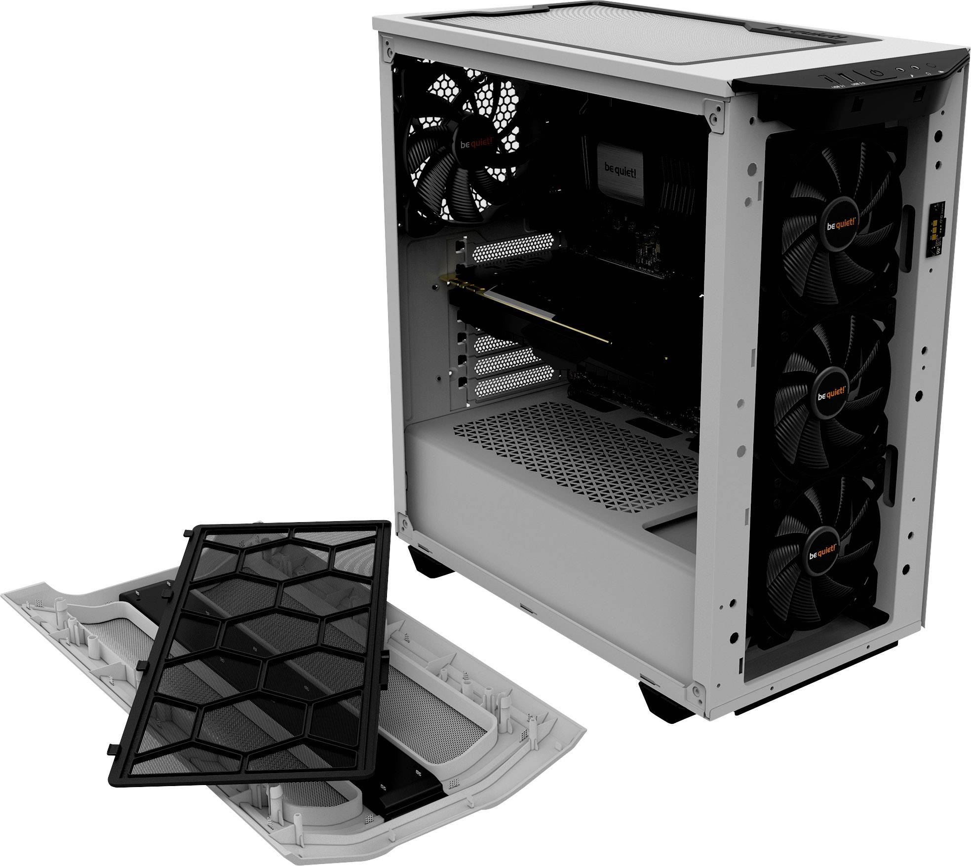 Case per computer bianchi con lato aperto mostrano la vista interna con ventole. Il pannello anteriore in mesh è posizionato accanto.