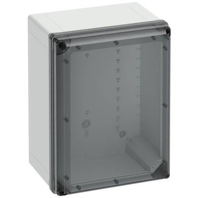 Scatola di distribuzione grigio-trasparente di forma rettangolare, con punti di fissaggio visibili sui lati, idonea per installazioni elettriche.