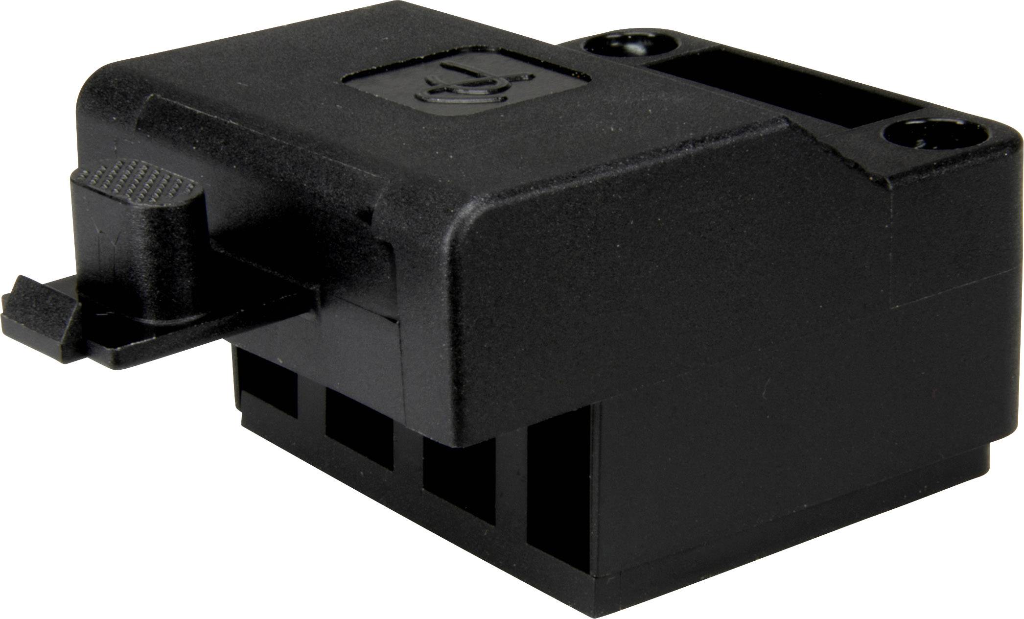 Un componente nero in plastica di forma rettangolare con diversi slot. Sembra essere un elemento elettronico.