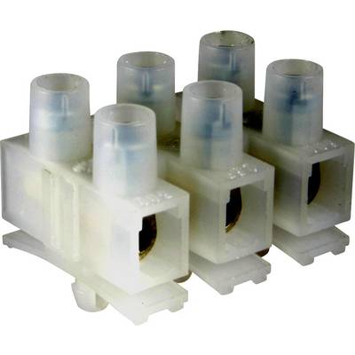Morsetto di giunzione in plastica bianca con sei possibilità di connessione per il cablaggio elettrico, visibile dall'alto.