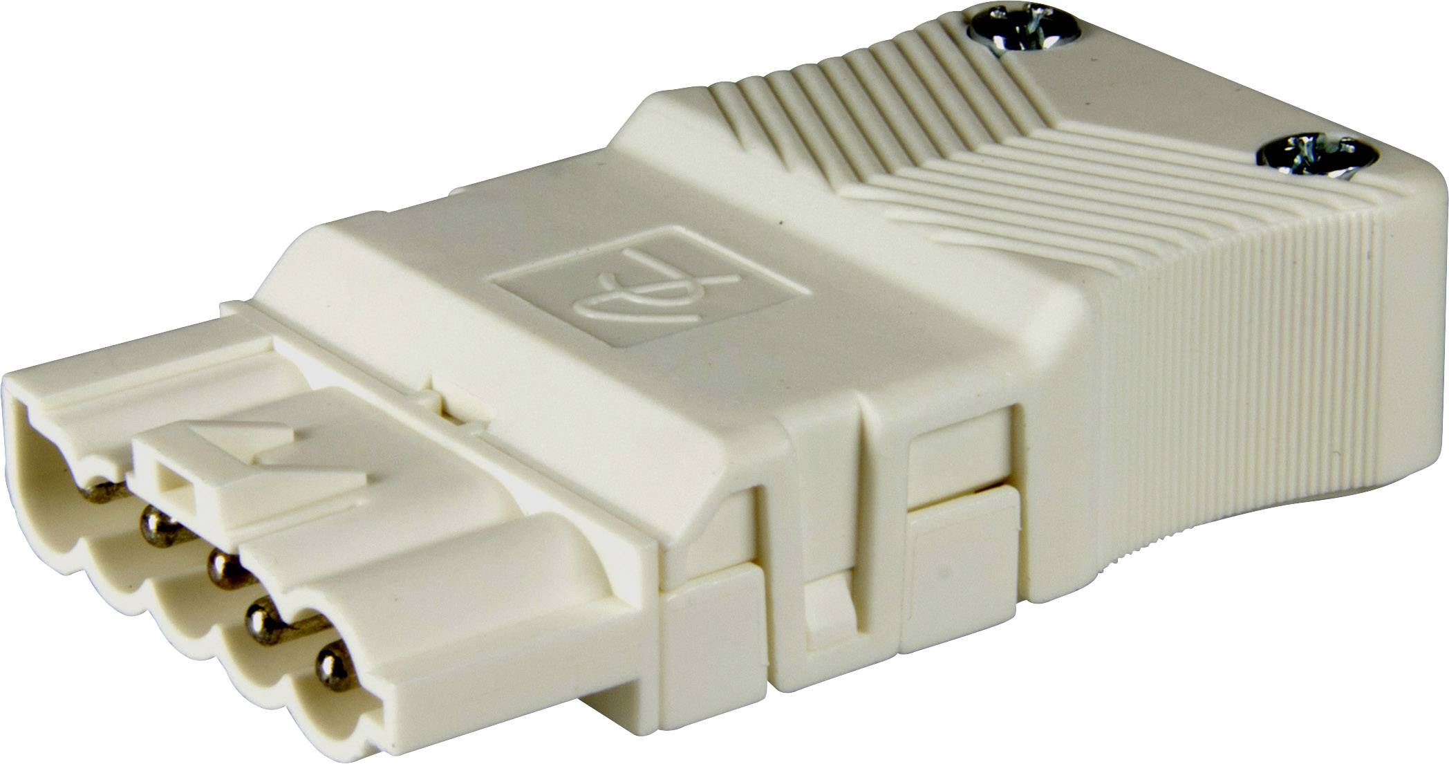 Un connettore elettrico bianco, multipolare, con superficie zigrinata e viti di fissaggio sulla parte superiore.