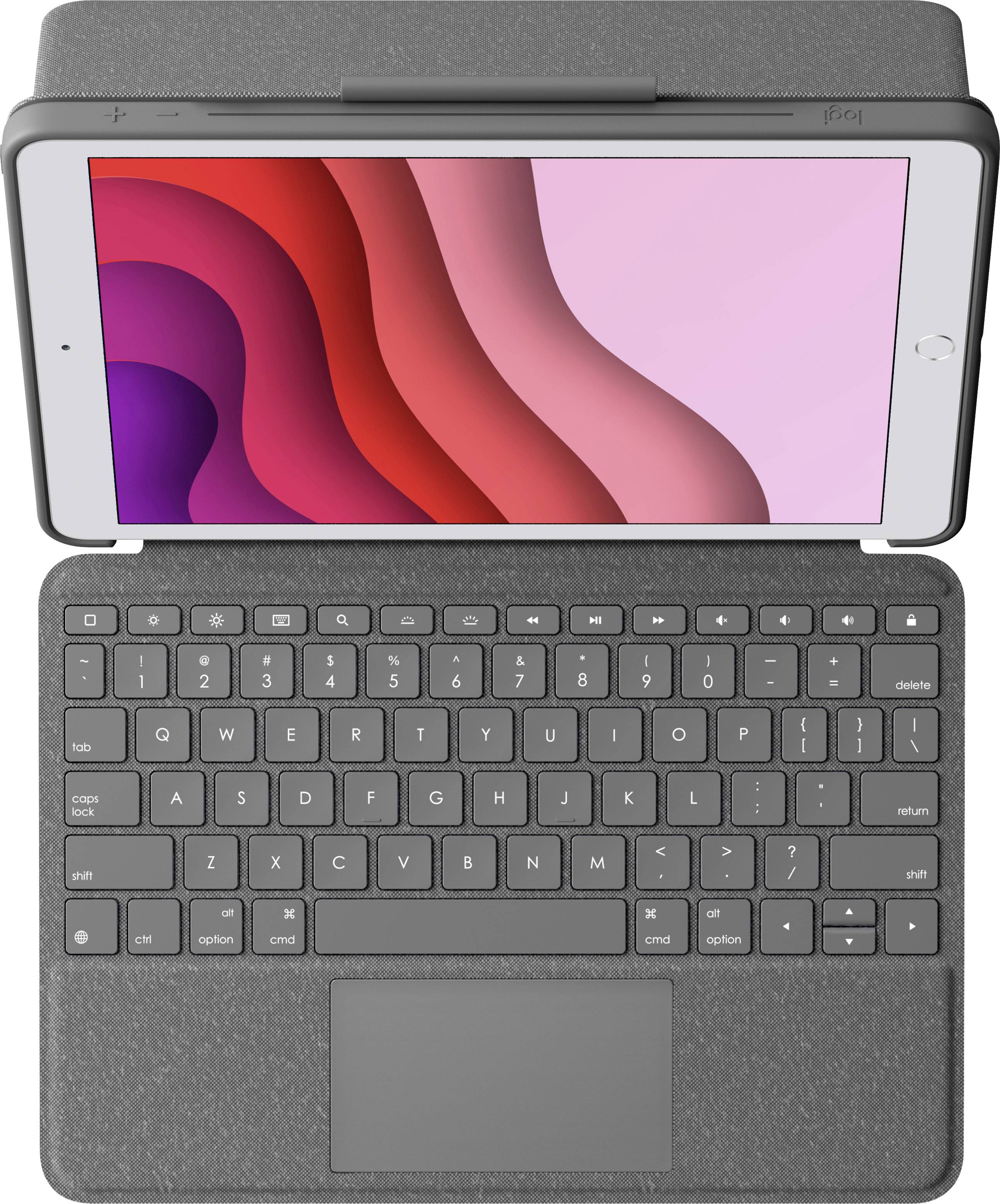 iPad in una custodia con tastiera integrata, aperto e pronto all'uso. Il display mostra un vivace motivo ondulato a colori.