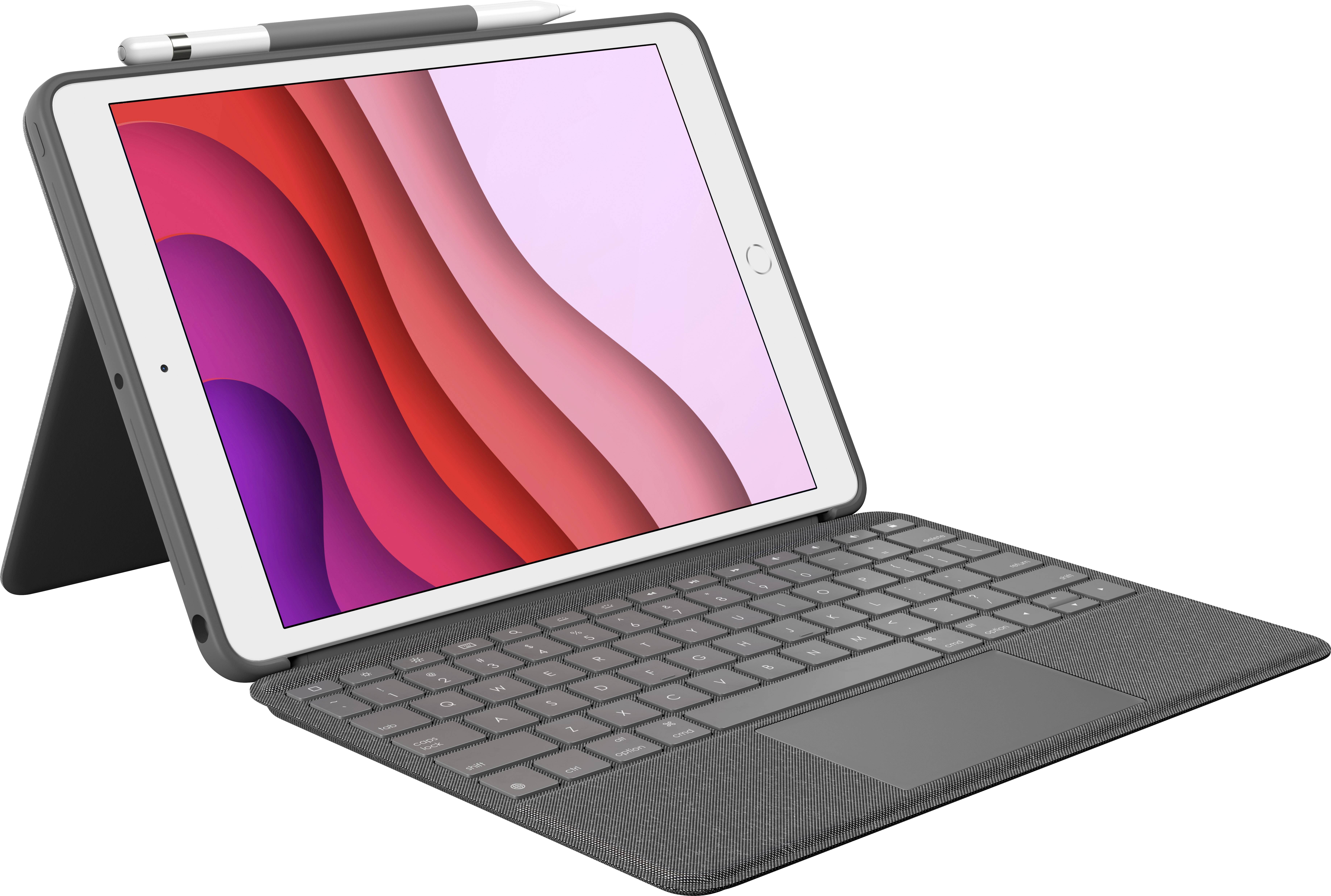 Un tablet con custodia per tastiera e penna è aperto e mostra uno schermo con onde rosse e rosa.