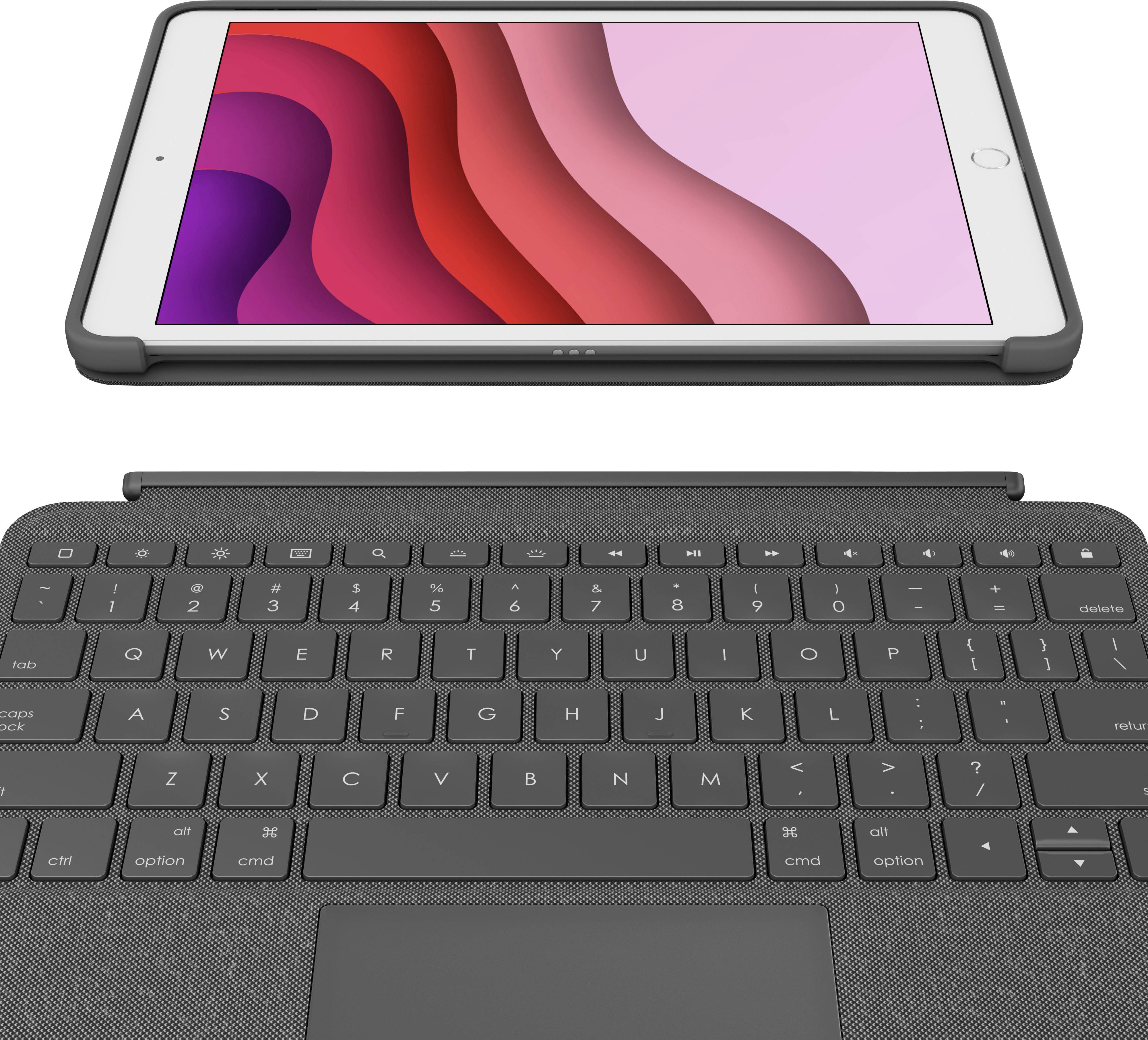 Un tablet con uno sfondo dello schermo rosso è poggiato su una tastiera nera. L'allestimento suggerisce un dispositivo mobile per il lavoro.