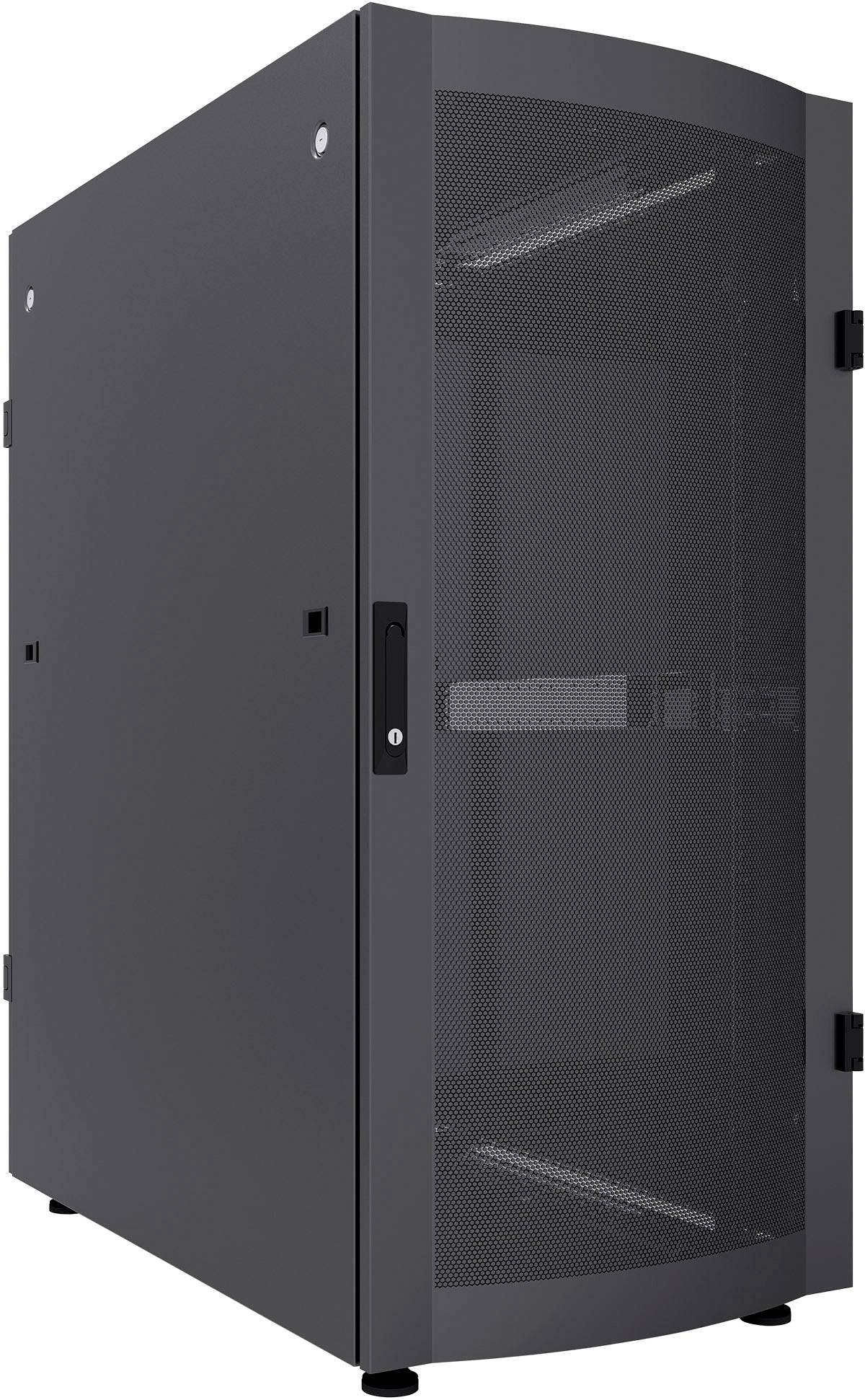 Un grande armadio server nero con porta in vetro in un ambiente neutro, utilizzato per la conservazione sicura di dispositivi IT e cavi.