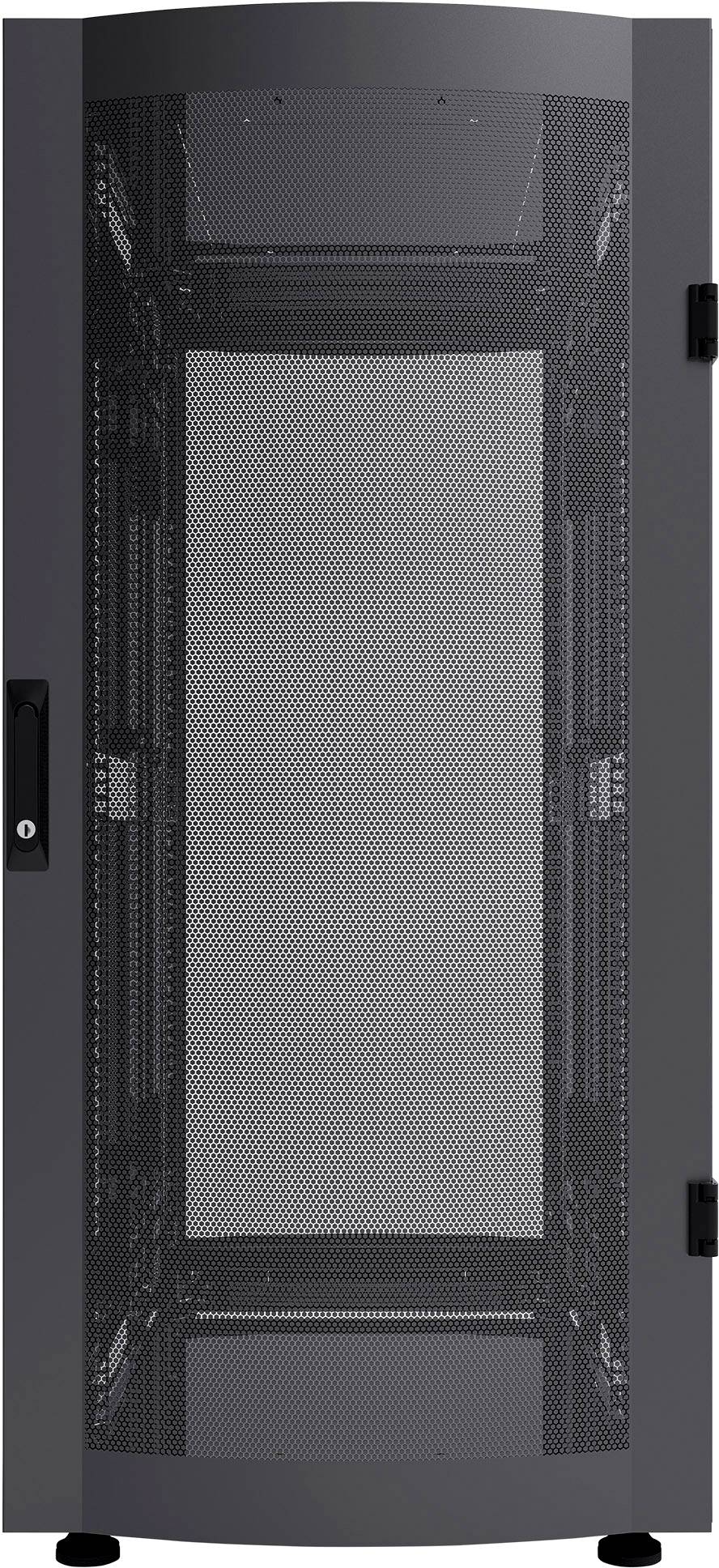 Un contenitore rack server nero vuoto con porta forata, adatto all'installazione di server e dispositivi di rete.