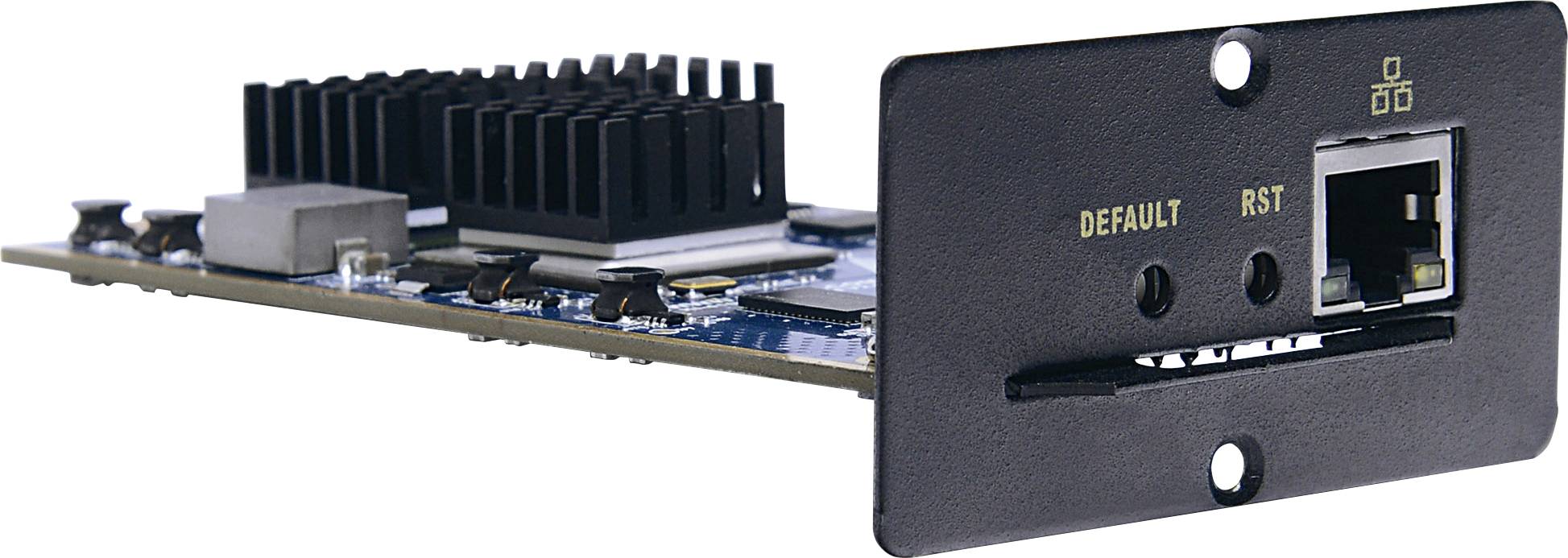Una scheda di rete elettronica con connettore Ethernet e pulsante di reset, montata su una scheda madre, mostra diversi componenti elettronici.