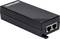Iniettore PoE di rete nero con due porte Ethernet e stampa del marchio sulla parte superiore. Dispositivo per l'alimentazione tramite Ethernet.