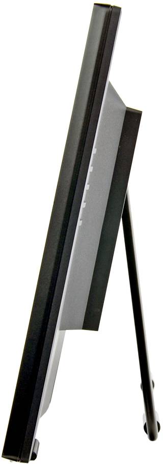 Vista laterale di un monitor sottile e moderno su un supporto inclinato verso destra.