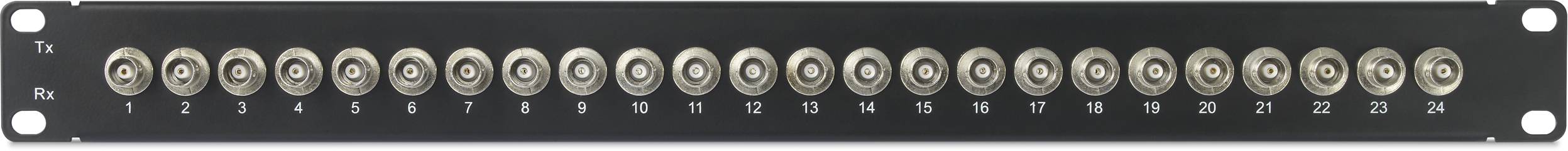 Pannello di permutazione rack da 24 connettori coassiali BNC, numerati da 1 a 24. Involucro nero, disposizione simmetrica delle prese.