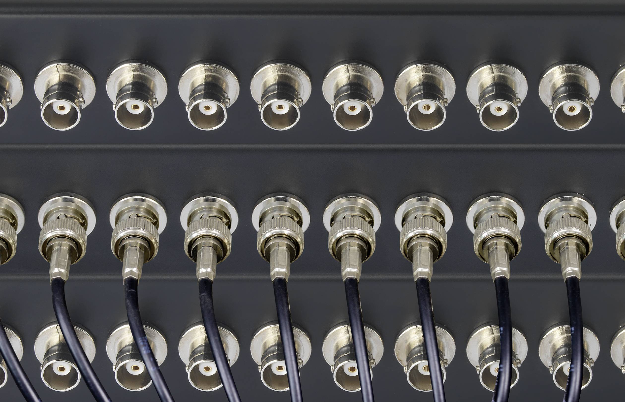 Diversi cavi coassiali sono collegati a una serie di connettori BNC. La fila superiore non ha cavi collegati.