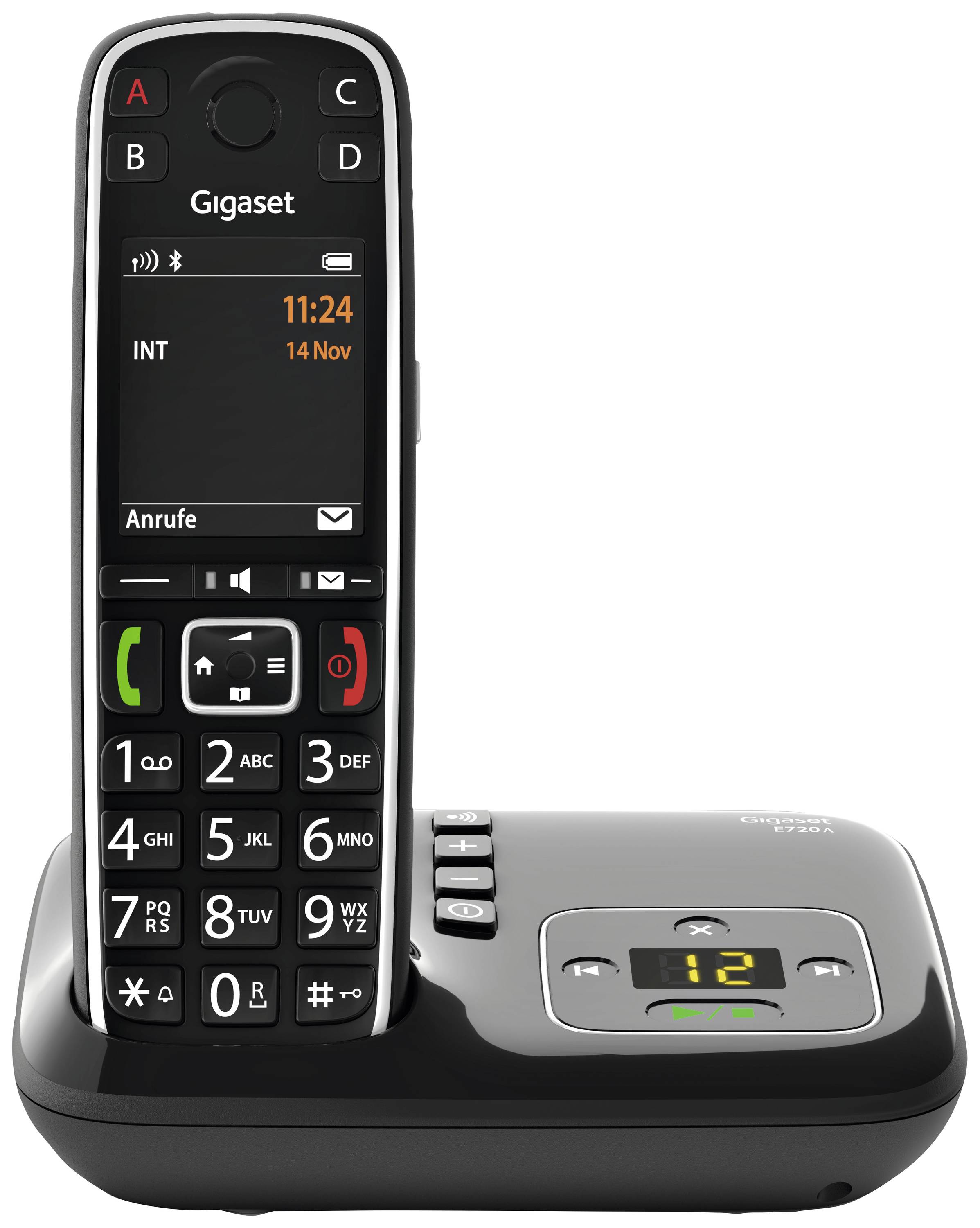 Un telefono cordless nero con display mostra l'ora '11:24' e la data. La base ha un display con '12'.
