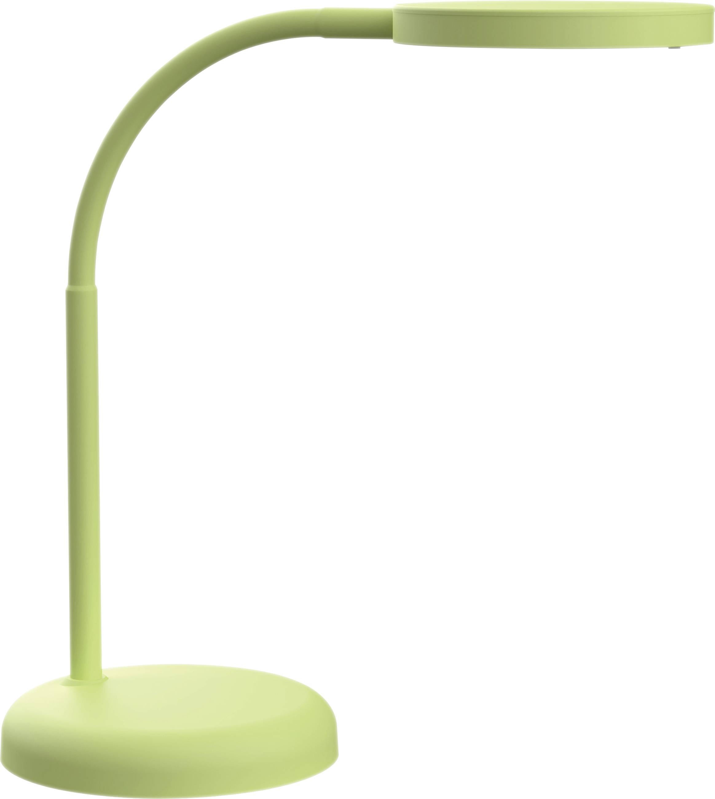 Lampada da tavolo verde con design moderno e curvo su base rotonda. Ideale per lavori di scrivania con illuminazione diretta.