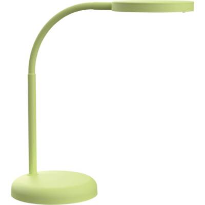 Lampada da tavolo verde con design moderno e curvo su base rotonda. Ideale per lavori di scrivania con illuminazione diretta.
