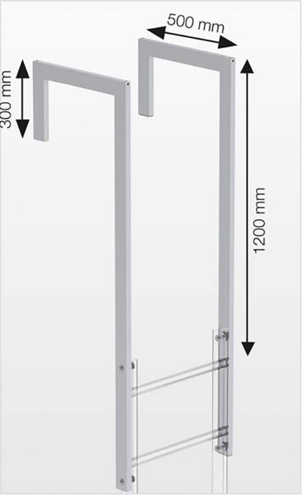 Due barre metalliche grigie, rettangolari, alte 1200 mm e larghe 500 mm, con un ulteriore sovrappiù verticale di 300 mm verso l'alto.
