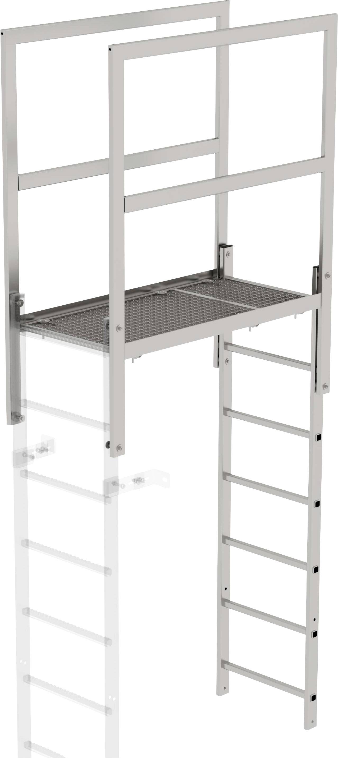 Scala metallica con piattaforma e ringhiera, idonea per l'accesso ad aree sopraelevate, design industriale.