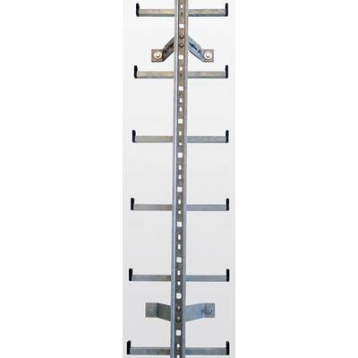 Scala metallica montata verticalmente su un tetto, con diversi gradini per l'accesso ad aree sopraelevate.