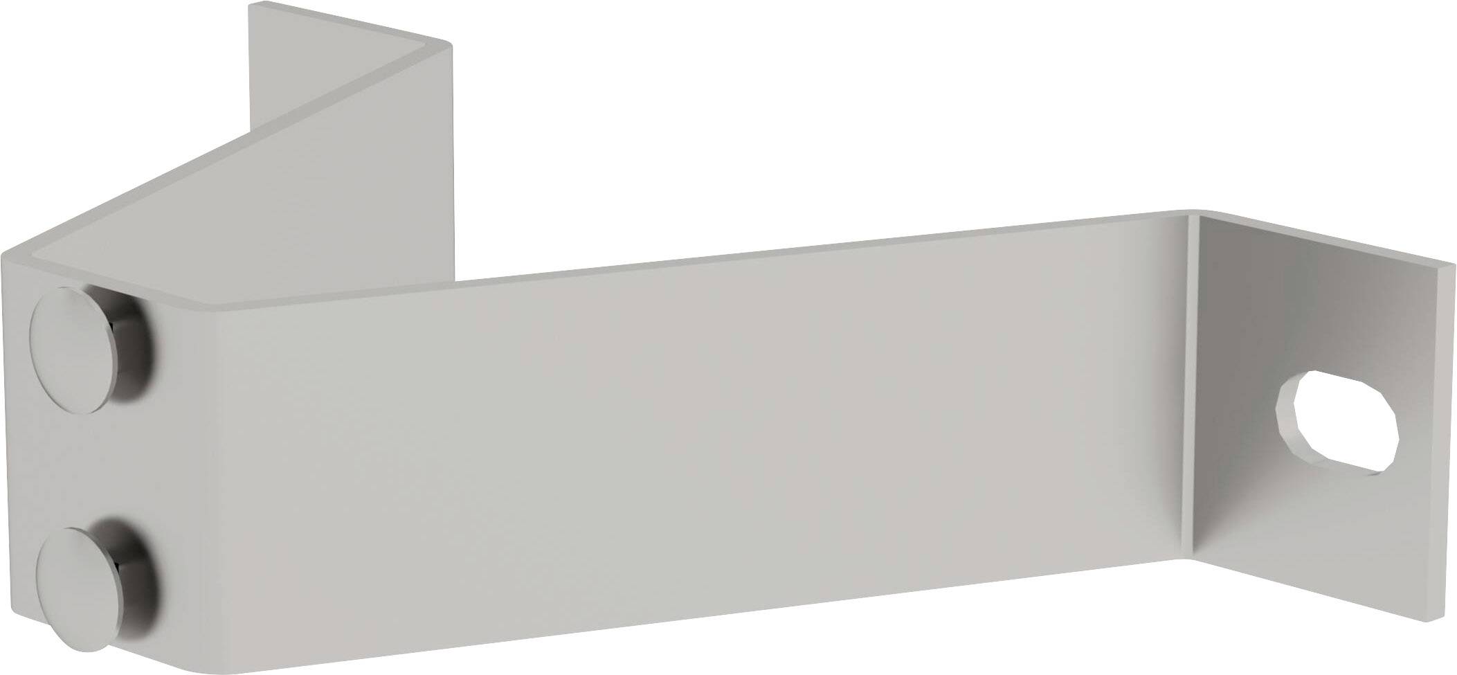 Connettore angolare metallico con due bulloni su un lato e un foro allungato per il fissaggio sull'altro lato.