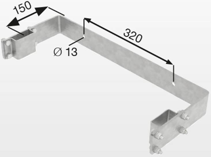 Supporto metallico con dimensioni 150 mm x 320 mm e diametro di 13 mm, con fori per viti su ciascuna estremità.