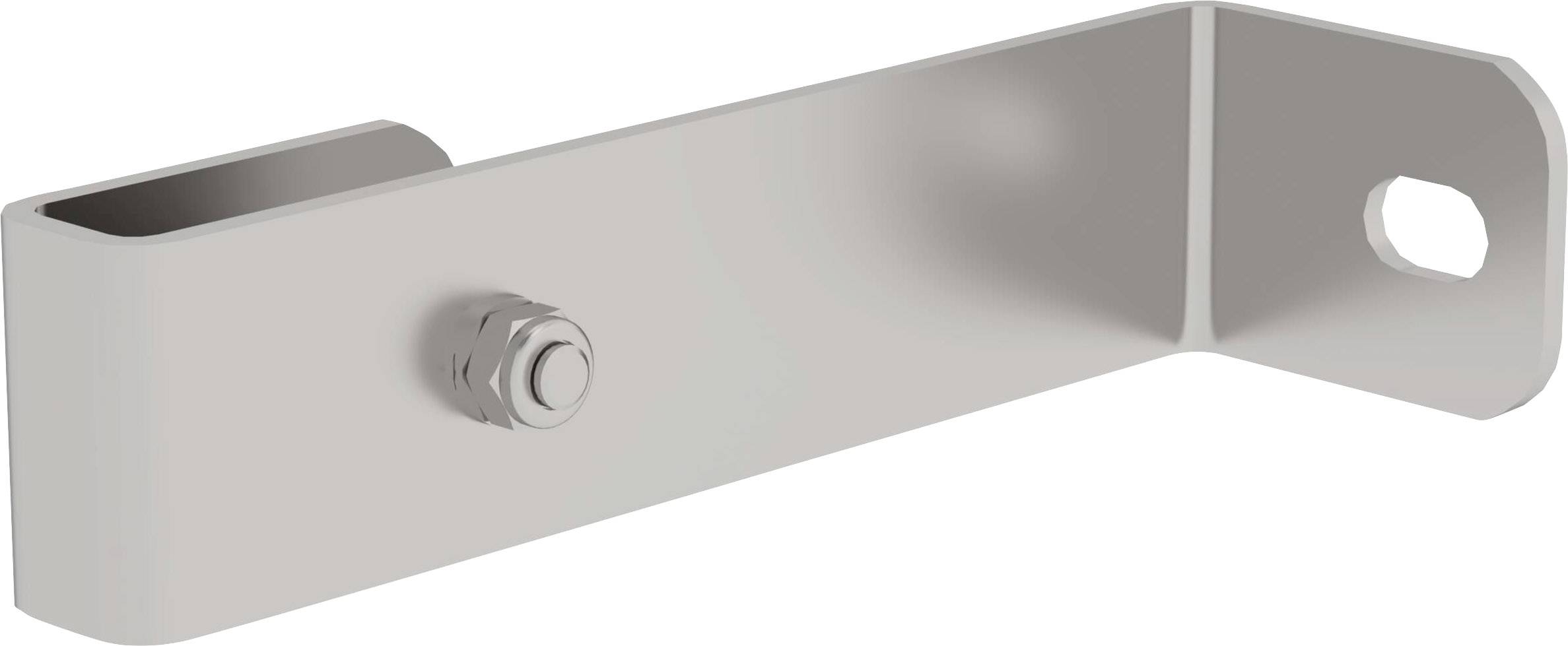 Supporto metallico con una vite e un'estremità piegata che consente un fissaggio o un collegamento.