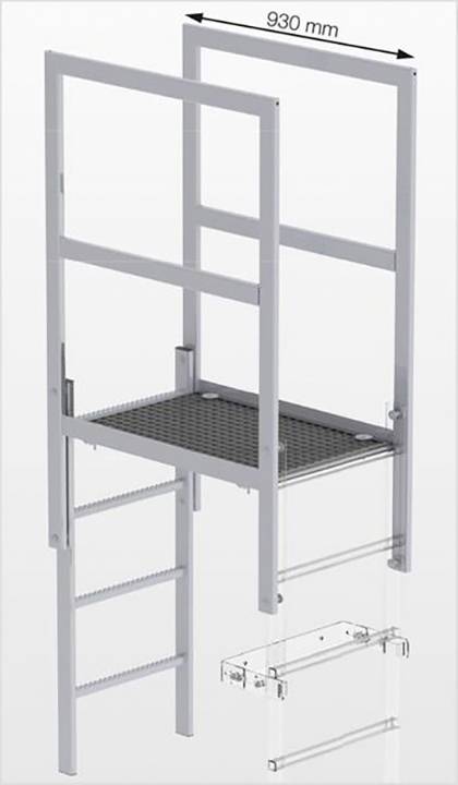 Un disegno tecnico mostra una struttura a scala con piattaforma, larga 930 mm in alto. La scala conduce a una piattaforma sopraelevata.