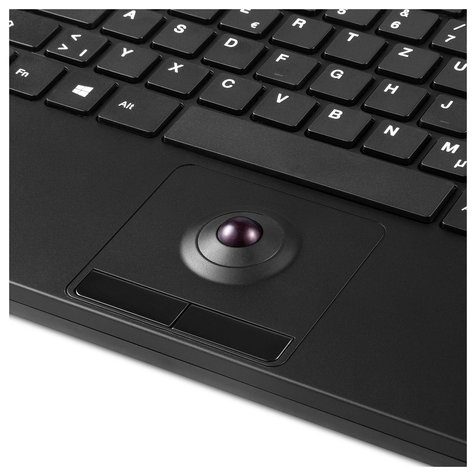 Una tastiera per laptop nera con un trackball integrato al centro, sotto la barra spaziatrice.