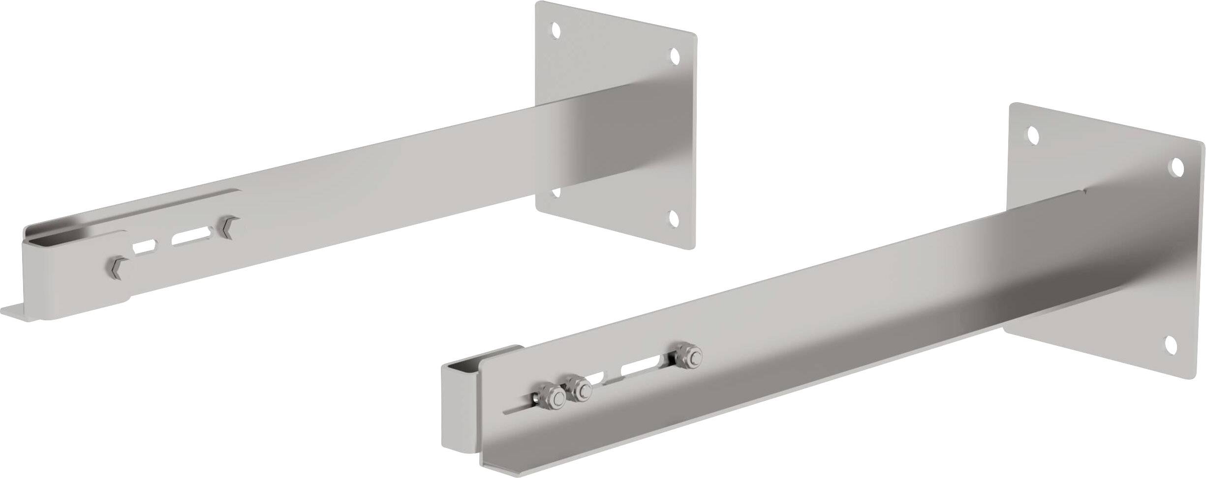 Due staffe metalliche regolabili in argento per il montaggio di dispositivi o ripiani, con scanalature e fori per viti.