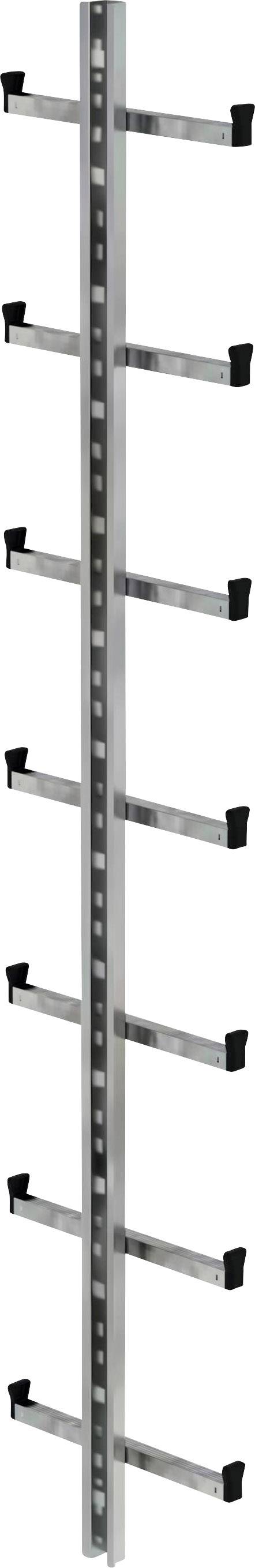 Supporto da parete metallico con dieci bracci orizzontali per la conservazione di oggetti. Design verticale per un'organizzazione che ottimizza lo spazio.