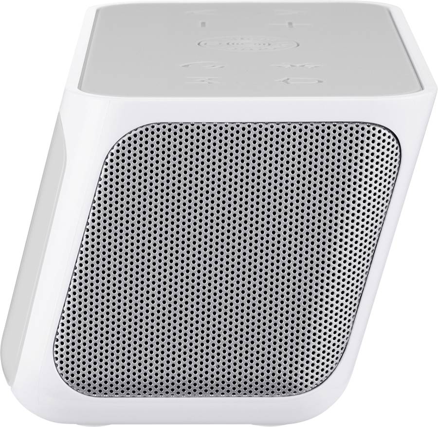 Altoparlante portatile bianco con bordi arrotondati e griglia nera sul lato frontale.