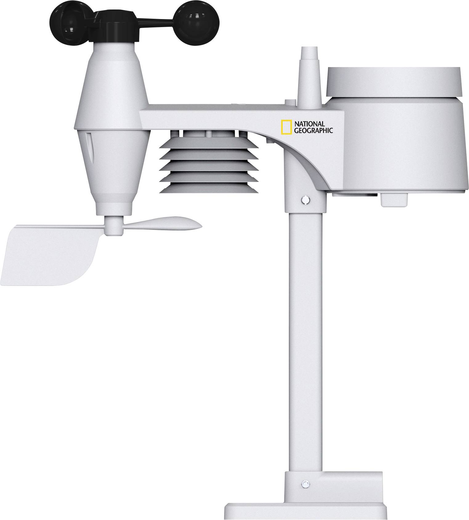 Una stazione meteorologica di National Geographic con anemometro e pluviometro, adatta per misurare la velocità del vento e la quantità di precipitazioni.