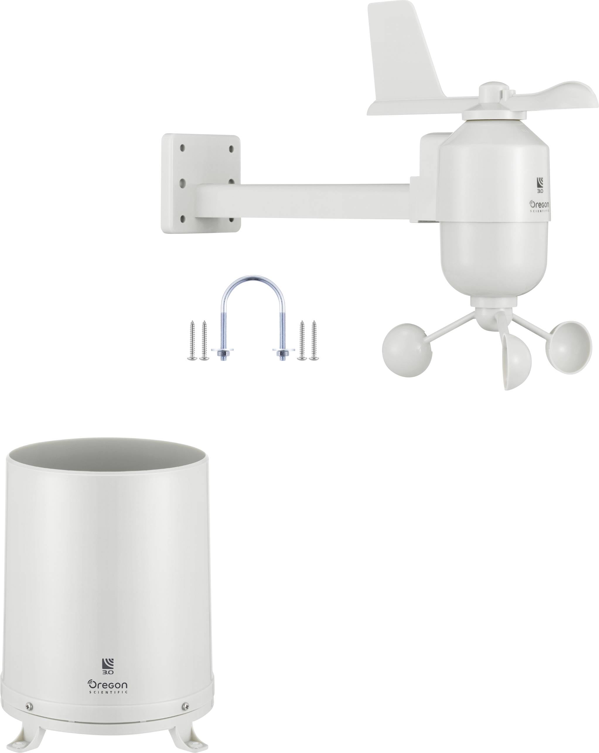Un set stazione meteorologica digitale bianco con anemometro, pluviometro e componenti di montaggio per il monitoraggio meteorologico esterno.