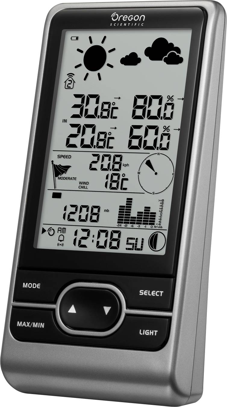 Display digitale meteorologico con temperatura (30,8 °C), umidità (80%), ora (12:08) e simboli di sole, nuvole e pioggia.