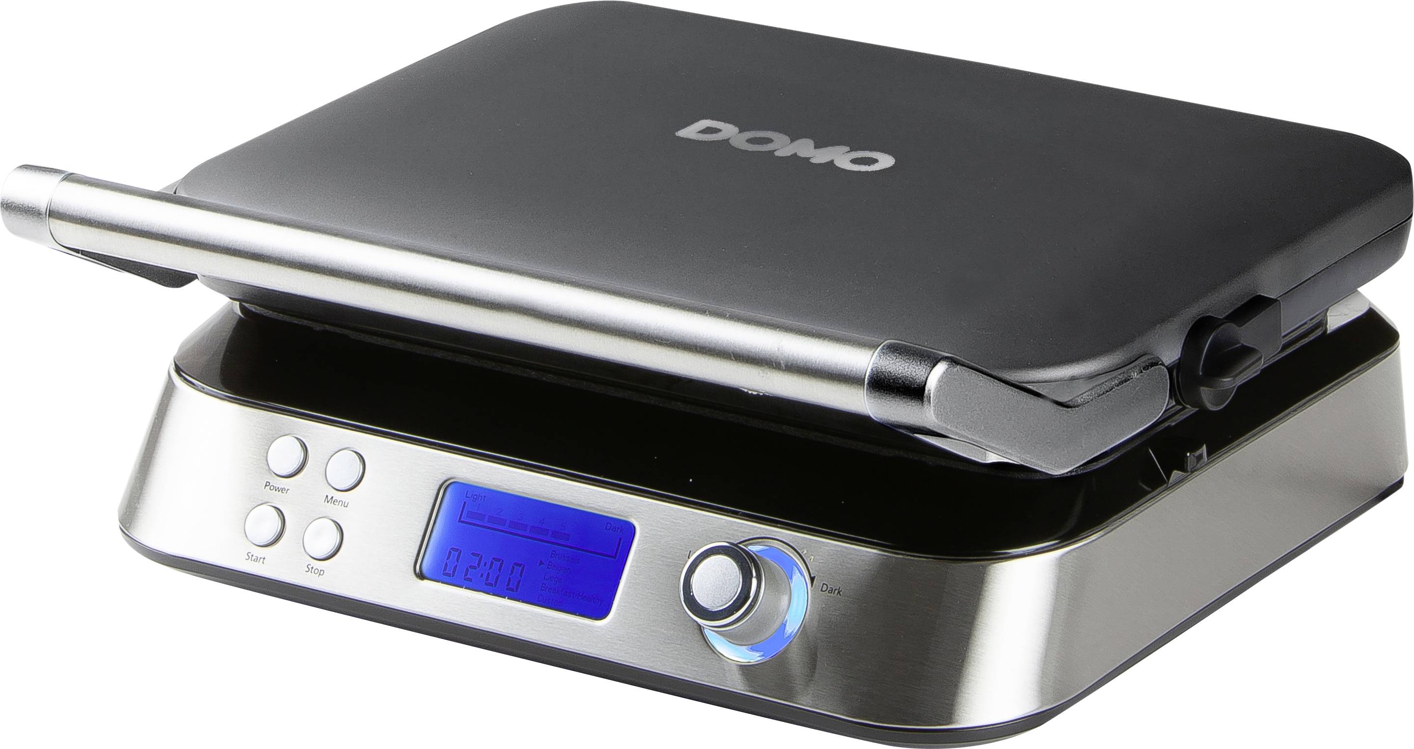 Un grill a contatto in acciaio inossidabile con coperchio chiuso, display LCD e manopola di regolazione. Il display mostra '02:30'.