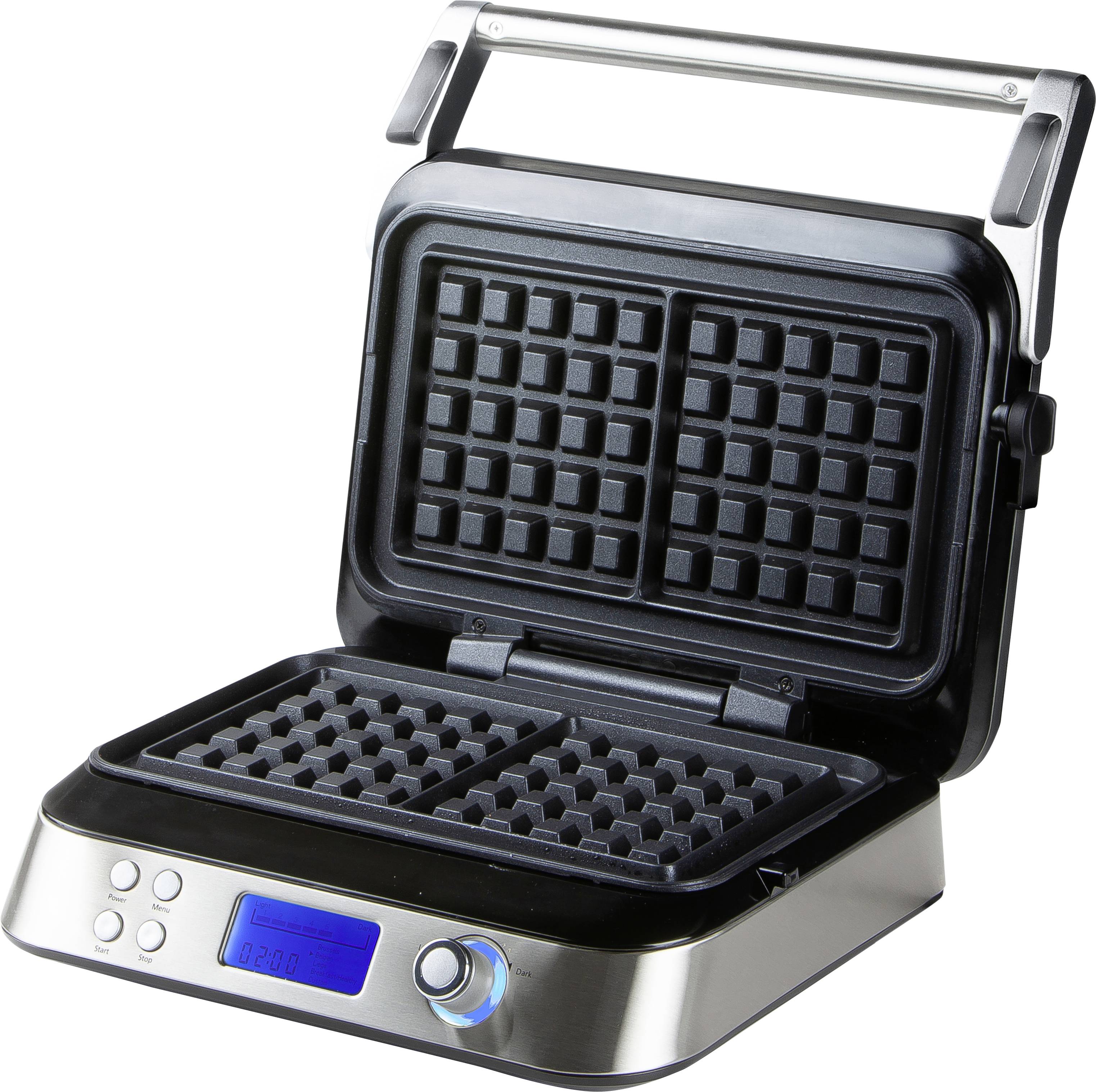 Piastra per waffle con coperchio aperto che mostra le piastre per waffle. Involucro in acciaio inossidabile, schermo digitale di visualizzazione e comandi sul dispositivo.