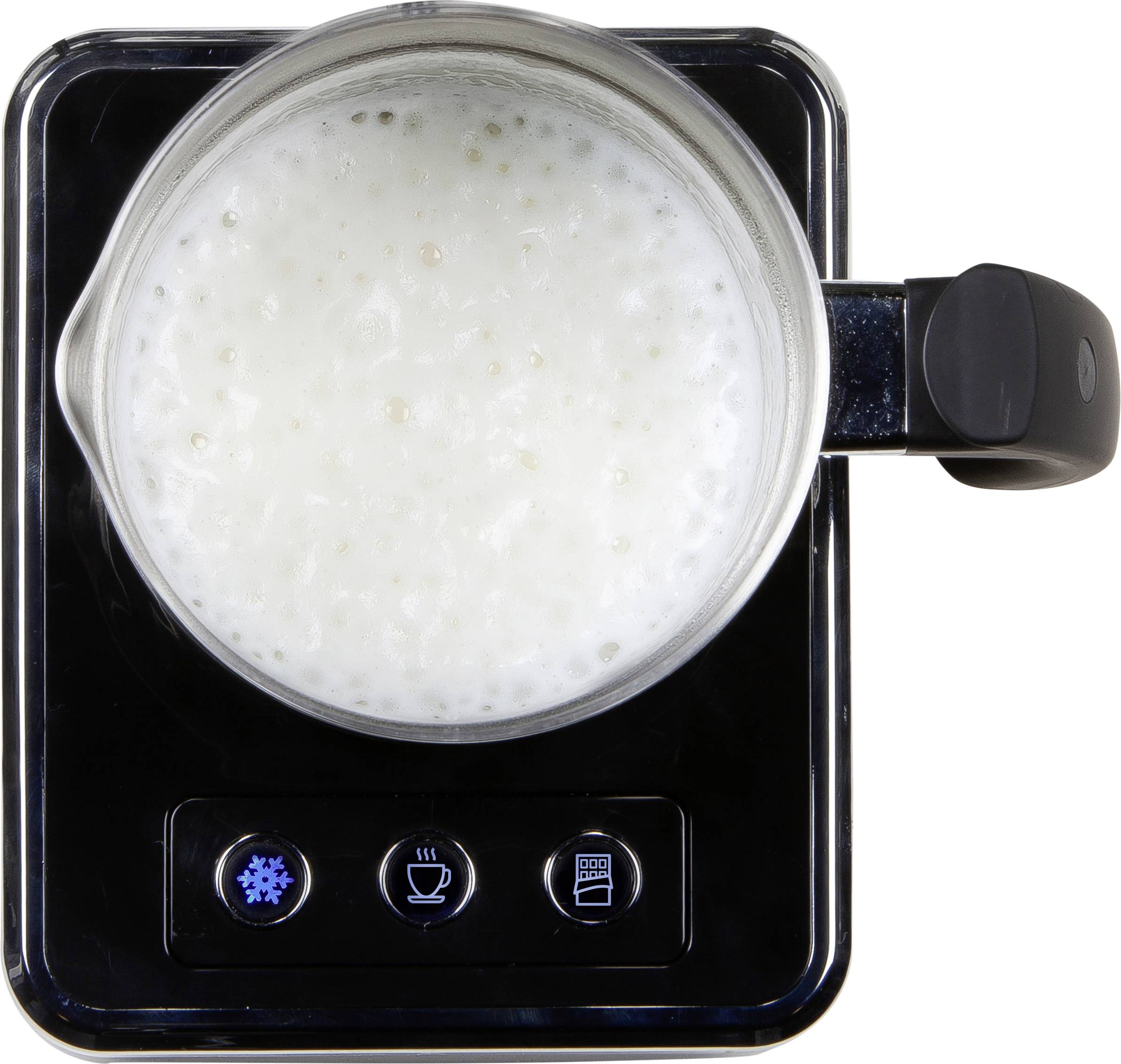 Schiumatore di latte in azione: vista dall'alto di uno schiumatore con latte montato nel contenitore, pannello di controllo nero con simboli.