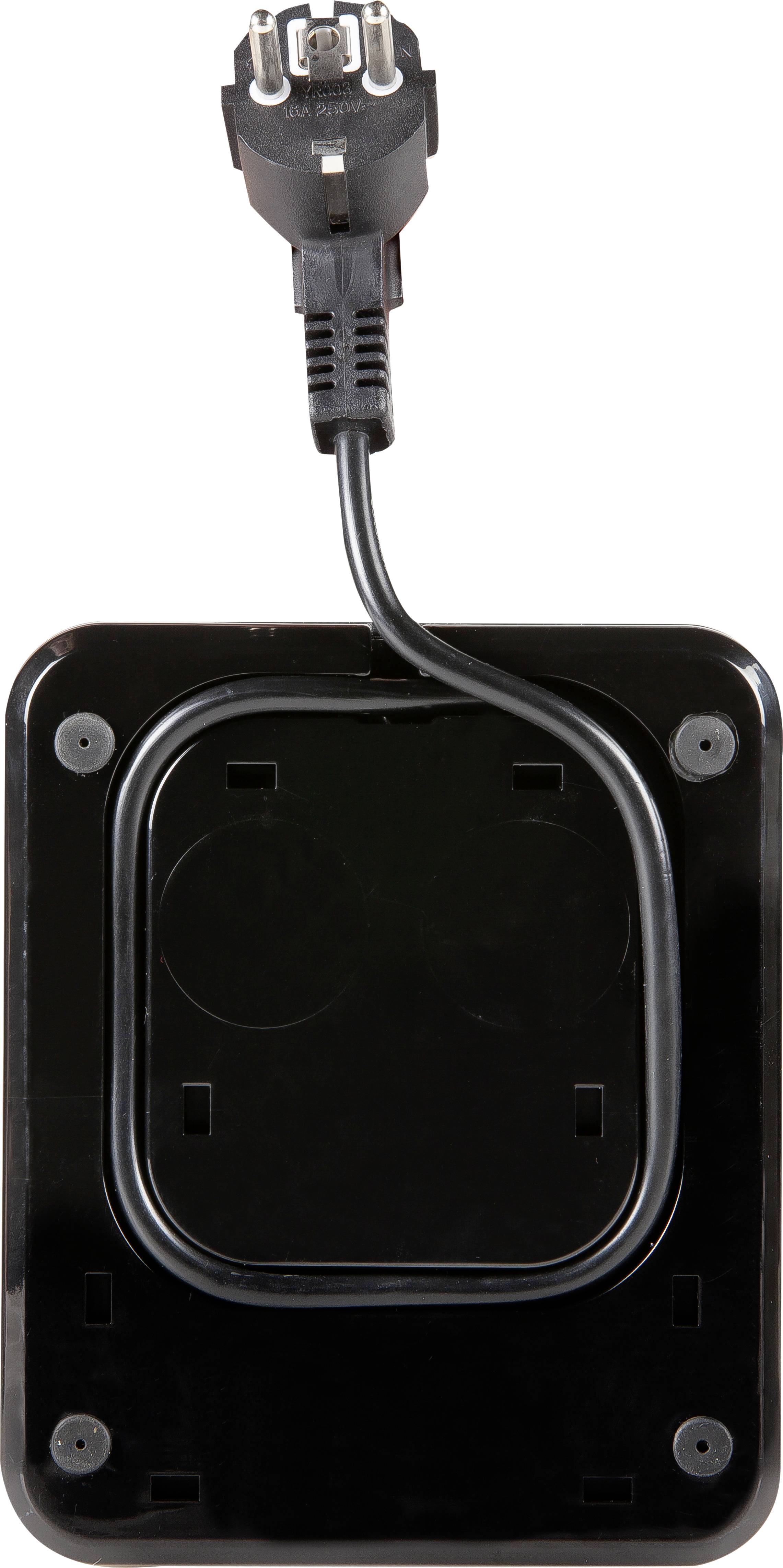 Un dispositivo elettrico nero con un cavo che si avvolge intorno a un dispositivo quadrato.