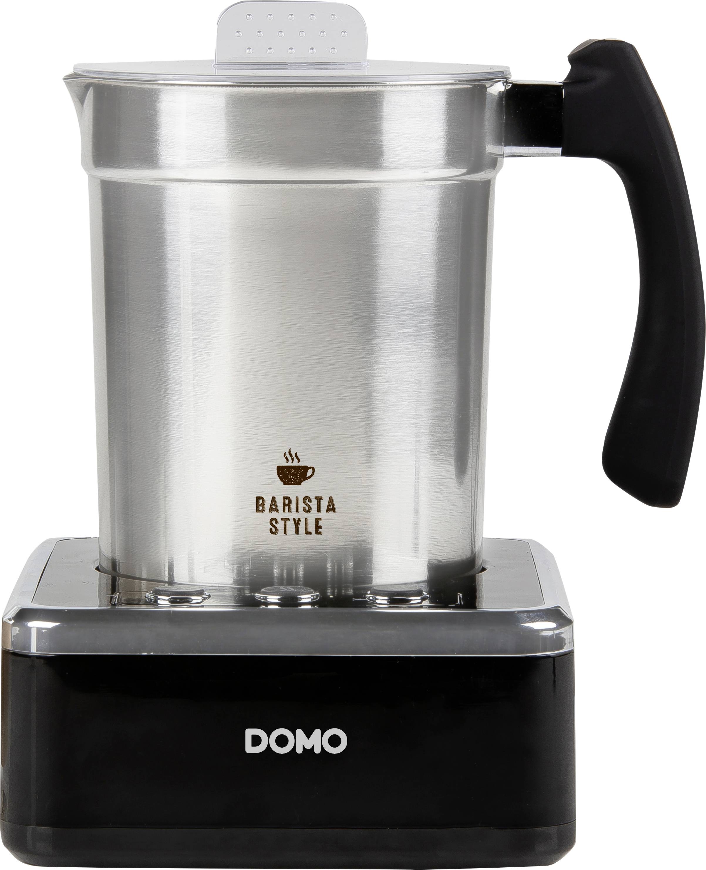 'Montalatte in acciaio inox con manico e scritta 'Barista Style' sul lato anteriore, posizionato su una base nera con il marchio 'Domo'.'